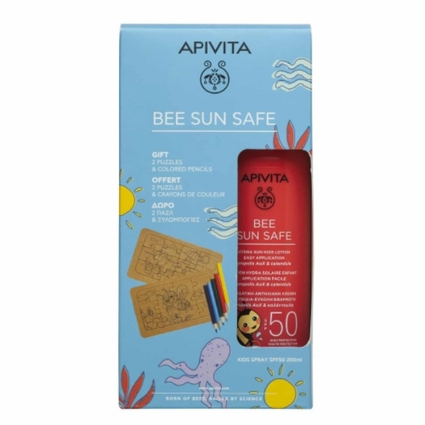 Apivita Bee Sun Safe παιδικό αντηλιακό spray SPF50 200ml σε σετ με παζλ και ξυλομπογιές